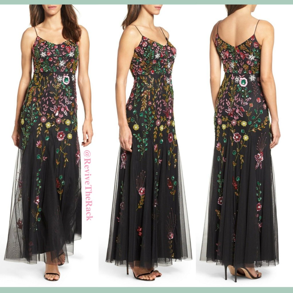 Nwt $379 Adrianna Papell Spagetti Strap Floral Beaded Gown In Black [Sz 4 ]